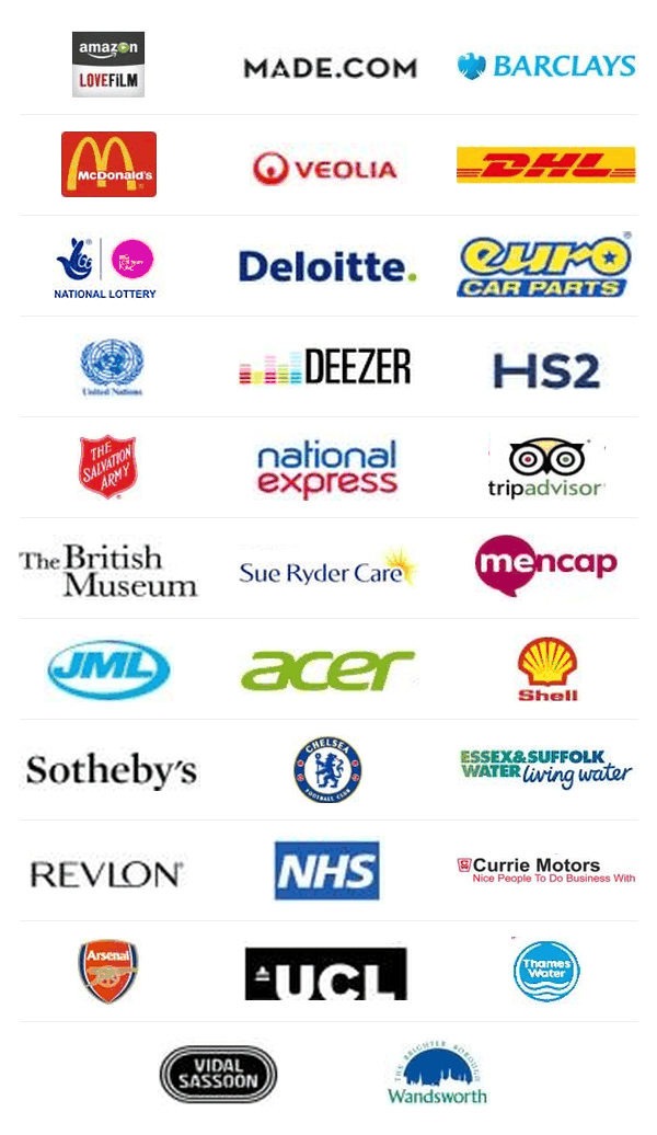 Client logos including Barclays, DHL, NHS, Shell, UCL and the British Museum